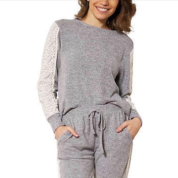 FLORA NIKROOZ Women's Gray Lace Detail Long Sleeve Lounge Sweater Size Medium - Picture 2 of 7